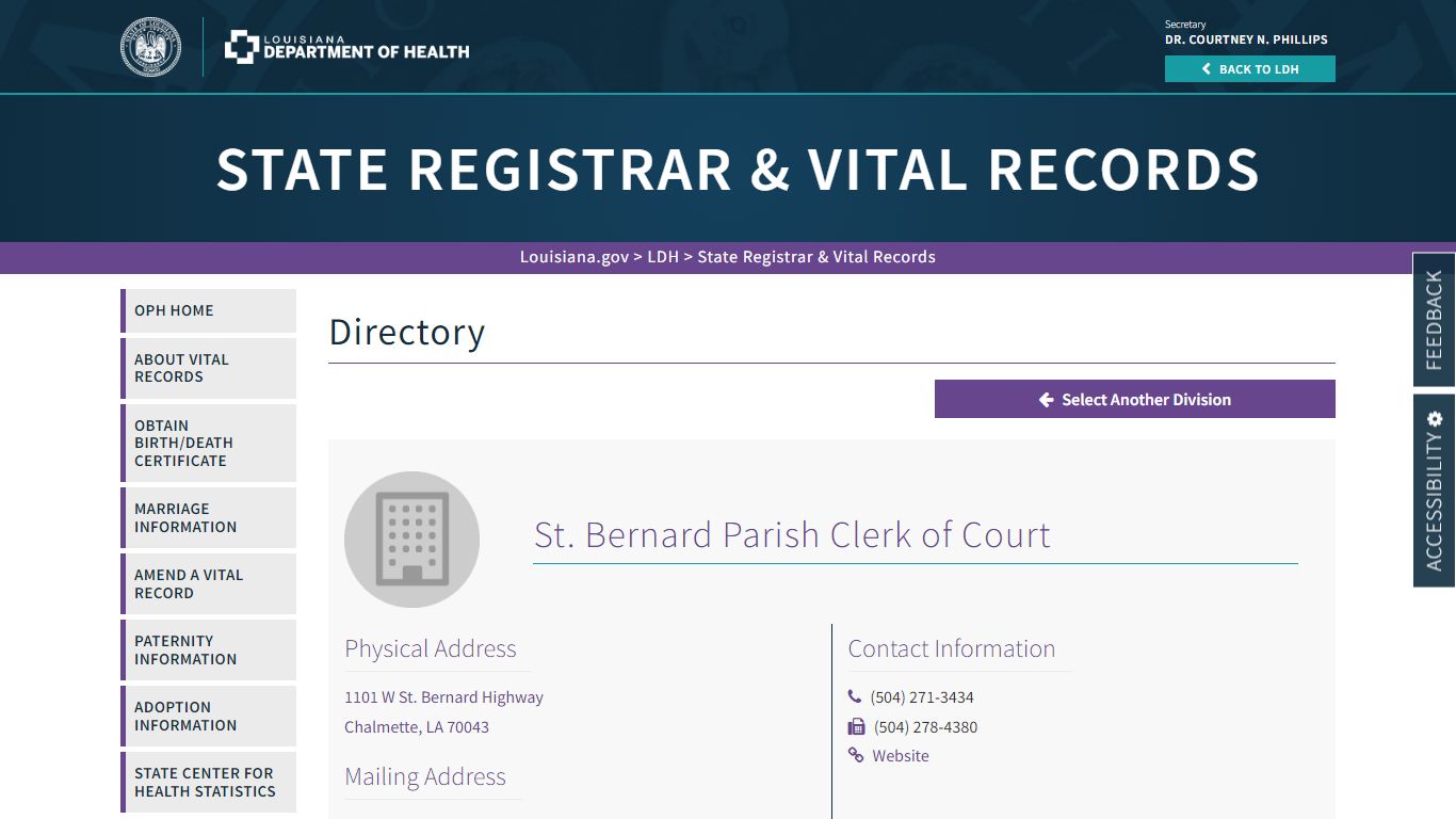 St. Bernard Parish Clerk of Court | La Dept. of Health